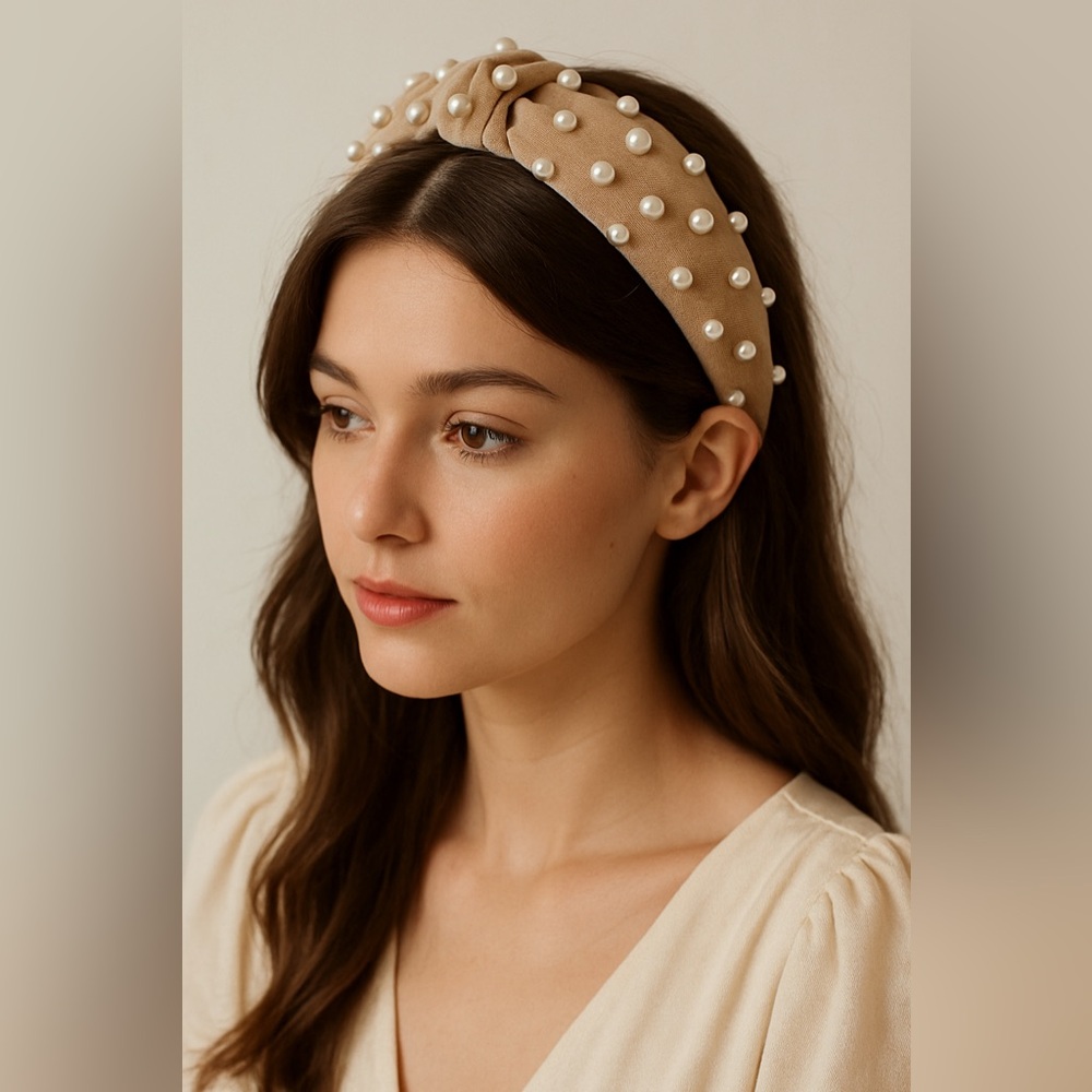 Tan Velvet Pearl Headband – Bridal Shower, Tea Party, Coquette Hair Accessory - Picture 3 of 8